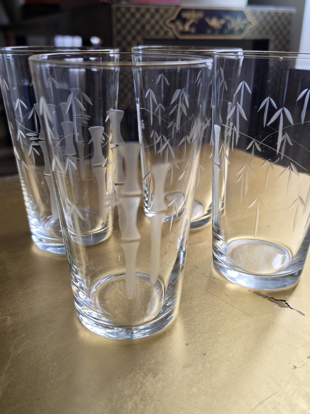 Vintage Noritake Sasaki Etched Bamboo Highball Glasses - Clear Glass Set Of 4